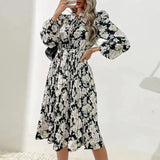 Elegant Long Sleeve Print Midi Dress