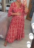 Red Mosaic Print 3/4 Sleeve Maxi Dress