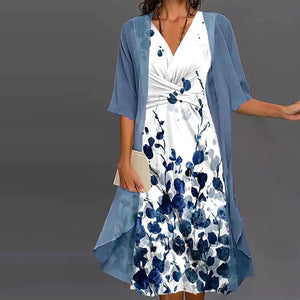 Floral White Blue PatternTwo Piece Midi Dress