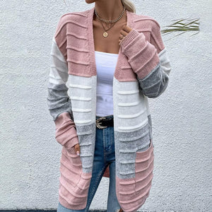 Pink Color Block Open Front Cardigan