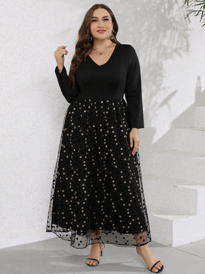 Casual V-neck long sleeved polka dot embroidered dress