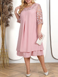 Embroidered chiffon patchwork round neck half sleeve casual dress