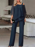 Navy Cold Shoulder Ruffled Tiered Top and Pants Two Piece Set