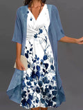 Floral White Blue PatternTwo Piece Midi Dress