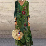 V-Neck Short Sleeve Sage Green Floral Print Maxi Dress